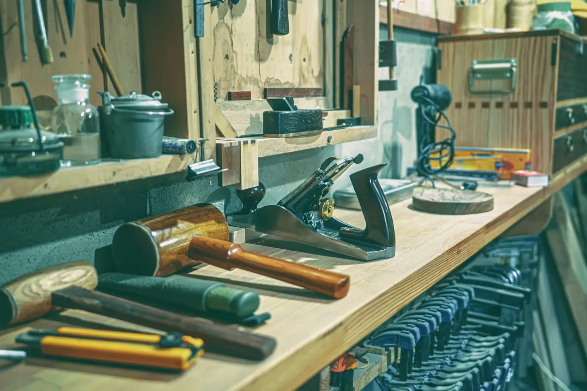 Hammers, chisels, a hand plane and other hand tools laid out on a wooden workbench